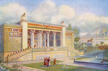 Gevel van het paleis van Darius in Persepolis, helder van kleur, beweging en leven